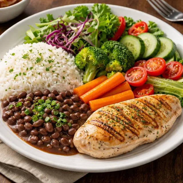 Refeição equilibrada com alimentos variados para uma alimentação saudável.